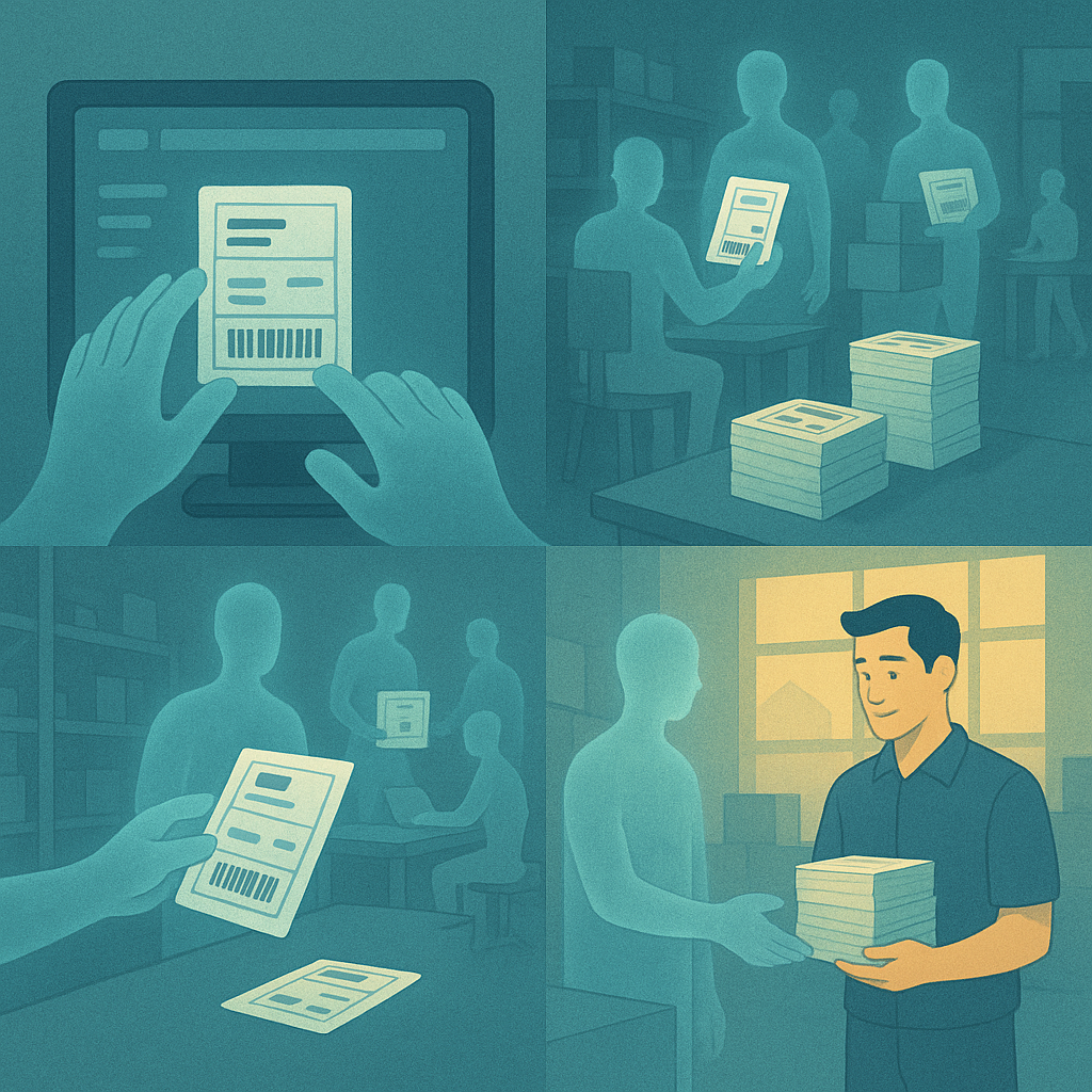 3-step infographic showing Ghost Ship Pro process: connecting to software, overnight processing, and delivering ready labels