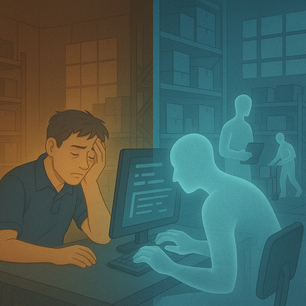 Comparison: tired night shift worker versus calm warehouse with ghostly efficient overnight crew