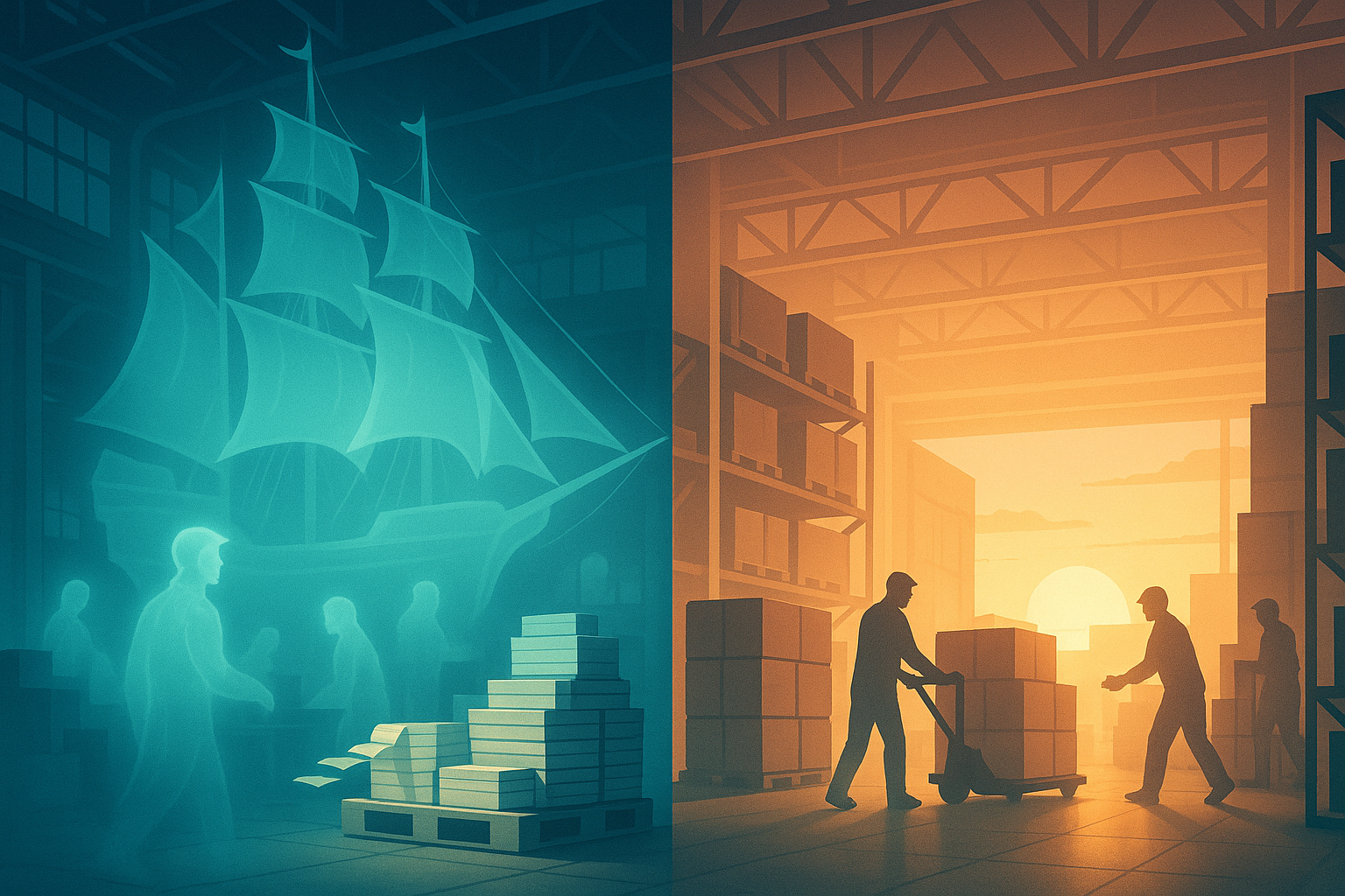 Sunrise over warehouse with Ghost Ship Pro - workers picking and packing