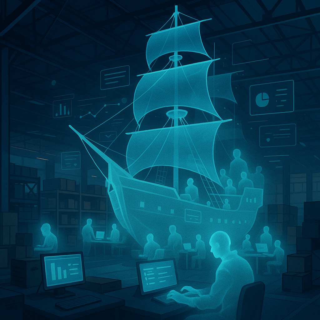 Ghost Ship Pro - Semi-ghostly ship sailing through a modern warehouse at night with glowing workers generating labels